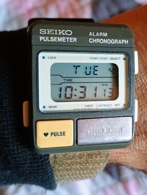Seiko Green PulseMeter Digital Watch with Yellow Pulse Button and Tan Strap